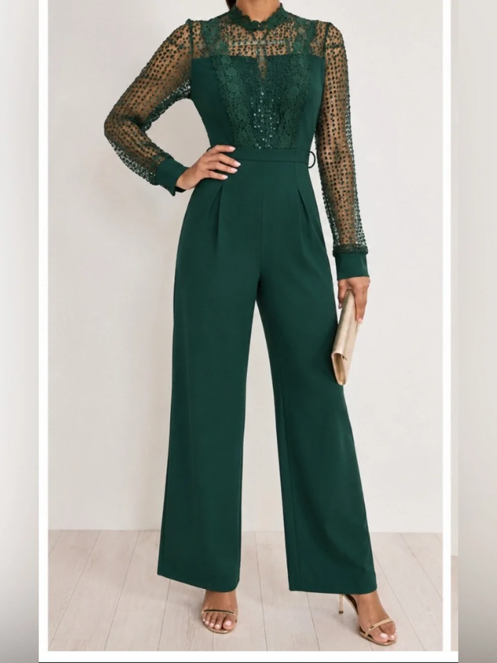 Elegant Forest Green Lace-Yoke Wide-Leg Jumpsuit